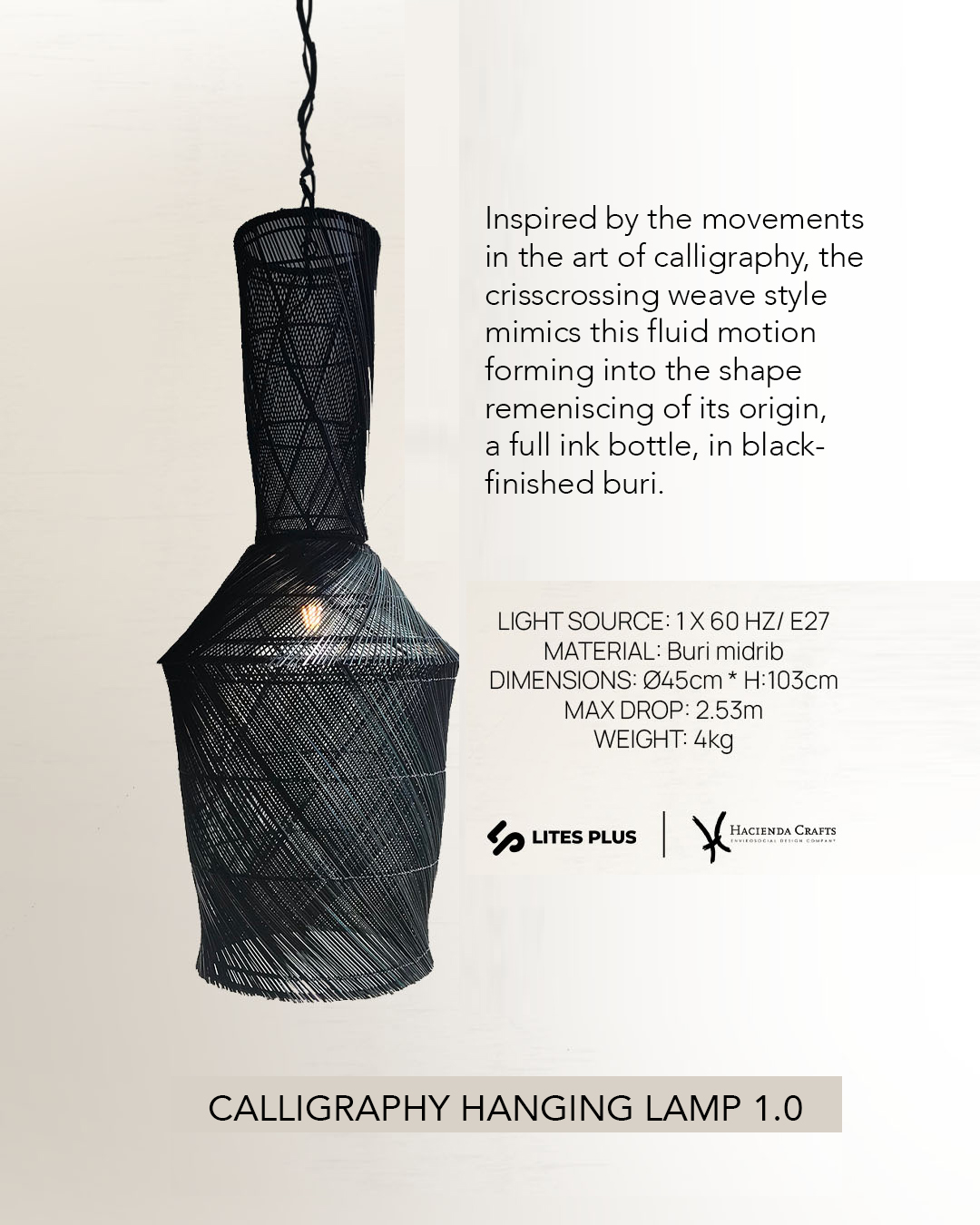 Calligraphy Hanging Lamp 450mm vertical buri pendant light with black aluminum base and 3 meter suspension