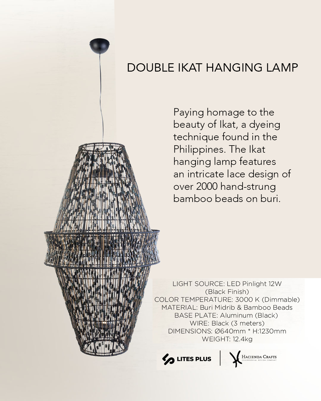 Double IKAT Hanging Lamp 640mm bamboo beaded pendant light with black aluminum base and 12W LED 3000K lighting