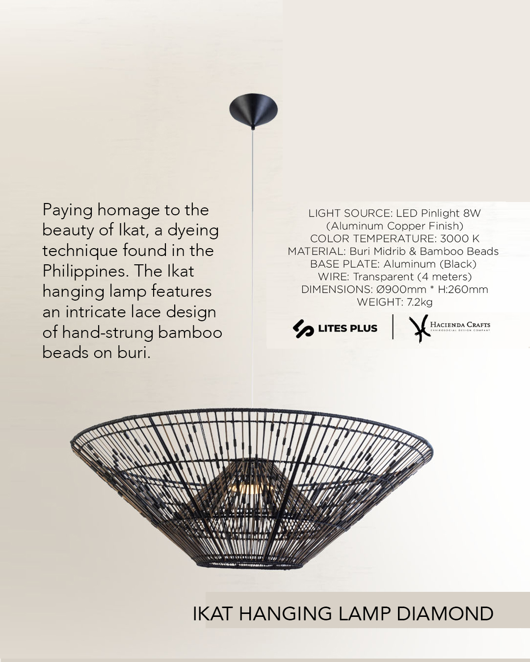 IKAT Hanging Lamp Diamond 900mm bamboo beaded pendant light with black aluminum base by Lites Plus