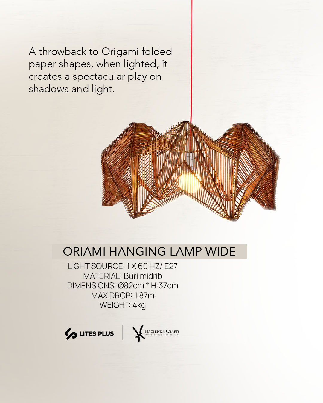 Oriami Hanging Lamp Wide 820mm buri pendant light with black aluminum base and 3 meter suspension
